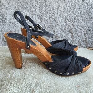 Banana Republic Women Studded Wooden Bow Denim Slingback Heels Size 11 Blue Y2K